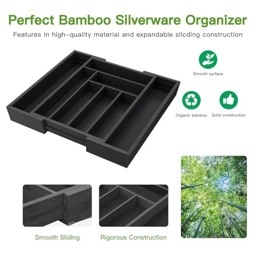 Pipishell Bamboo Expandable Drawer Organizer for Utensils Holder, Adjustable Cutlery Tray, Wood Drawer Dividers Organizer for Silverware, Flatware, Knives in Kitchen, Bedroom, Living Room(M-Black) - color: Black, size: Medium