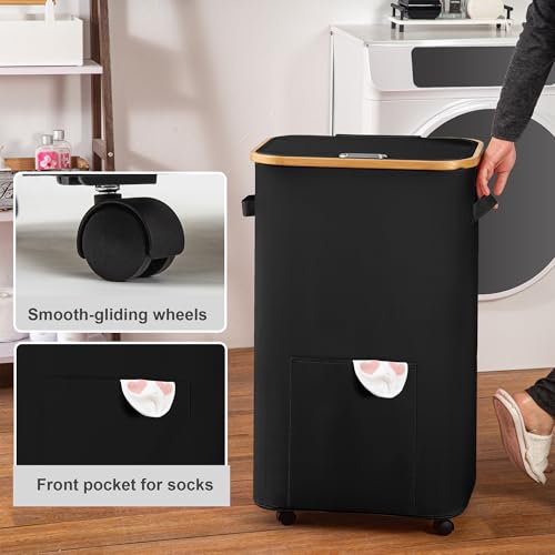 Vincona Laundry Basket with Wheels, Tall Dirty Clothes Hamper on Wheels, Rolling Laundry Hamper with lid for Dorm, Bedroom and Bathroom (Black, 100L) - color: Black, size: 100L