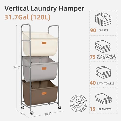 STORAGE MANIAC 120 Liters Vertical Rolling Laundry Hamper, 3 Section Laundry Sorter with Wheels and 2 Breaks, 3-tier Laundry Baskets for Small Space, Dorm, Laundry Room, Closet, Multicolored 3-tier - color: Multicolored, size: 3 Tier