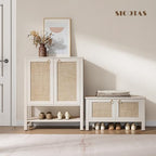 SICOTAS Rattan Shoe Rack Bench with Lift Top Storage: White Farmhouse Boho Shoe Cabinet Entryway Bench with Safety Hinges, Wooden Storage Chest for Bedroom, Entryway, Hallway, Living Room - color: White Cream Oak