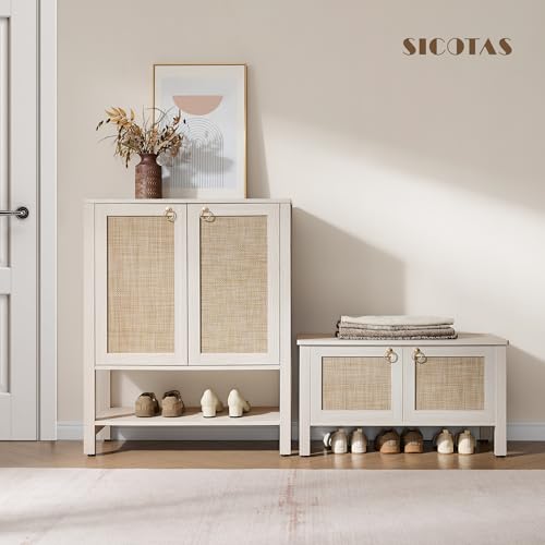 SICOTAS Rattan Shoe Rack Bench with Lift Top Storage: White Farmhouse Boho Shoe Cabinet Entryway Bench with Safety Hinges, Wooden Storage Chest for Bedroom, Entryway, Hallway, Living Room - color: White Cream Oak