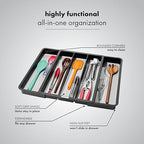 madesmart Expandable Utensil Tray, 8 Compartment Organizer for Forks, Knives & Spoons, Deep Storage for Ladles, Whisks & Serving Tools Non Slip, Soft Grip Base, Expands to Fit Most Drawers, Carbon