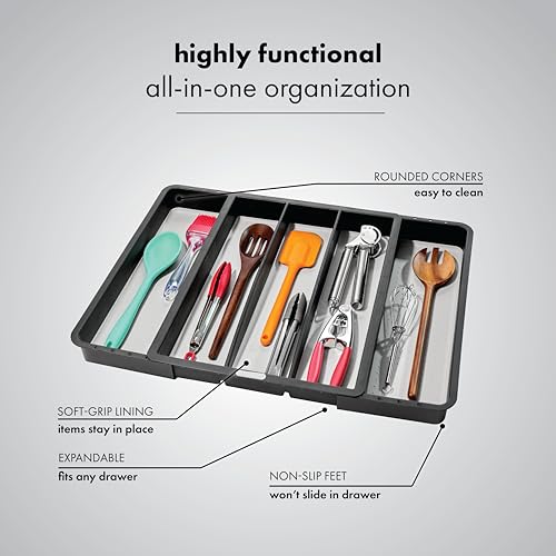 madesmart Expandable Utensil Tray, 8 Compartment Organizer for Forks, Knives & Spoons, Deep Storage for Ladles, Whisks & Serving Tools Non Slip, Soft Grip Base, Expands to Fit Most Drawers, Carbon