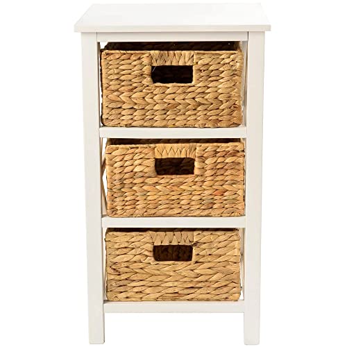eHemco 3 Tier X-Side End Table with 3 Wicker Baskets for Bedside, Living Room, White - color: White, size: 14"D x 14"W x 25"H (3 Drawers)