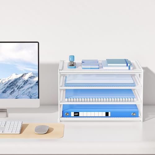 Lavatino 3-Tier Letter Tray Desk Organizer, Mesh Metal Paper File Tray Organizer for Desk, Office Supplies & Home Organization, Fits A4 Paper, Mail, Magazines & Office Accessories (White with Handle) - color: 4-tier With Handle - White