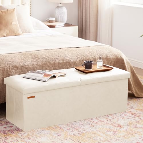 HAUSFRAU Storage Ottoman Bench with Flipping Lid, 43.3 Inches Storage Chest Footsrest, Folding Foot Stool for Entryway, Living Room, Bedroom, Synthetic Leather Ivory - color: Ivory, size: 15"D x 43.5"W x 15"H