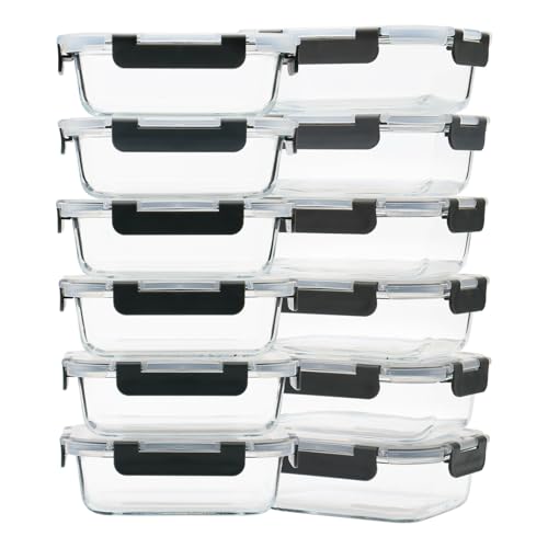 GULFLIN 12 Pack 22oz Glass Meal Prep Containers, Food Storage Containers with Lids, Air-Tight, Leak-Resistant, Freezer to Microwave Safe - Grey Set - color: 22oz,Same Size - 12 Pack,Grey Set