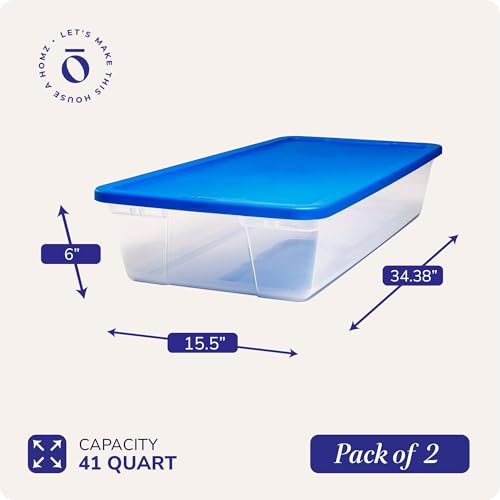 HOMZ 2-Pack Snaplock, Large Clear Plastic Storage Organizer Bins w/Lids, 41 Quart, Blue - Stackable Container Boxes for Bedroom, Bathroom, Garage, and Office Organization - color: Blue Lid, size: 41 QT (2 Pack)
