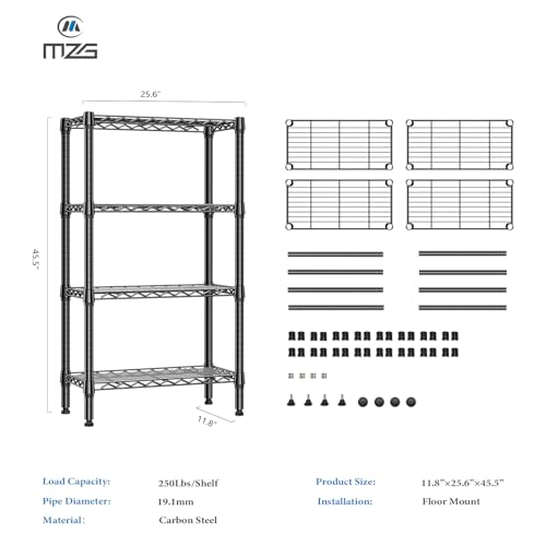 M MZG 1000 lbs 4 Tier Shelf Metal Storage Shelves Wire Rack Closet Organizers for Garage Kitchen Bathroom Laundry Black 11.8" D x 25.6" W x 45.5" H - color: Black, size: 4 tier, 11.8" D x 25.6" W x 45.5" H