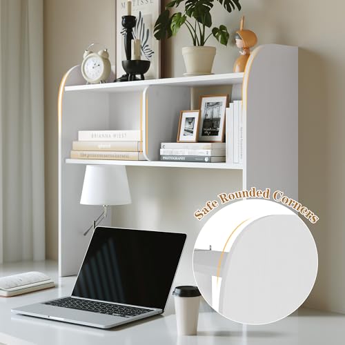 Wooden Desktop Bookshelf 37", 3-Tier Rounded-Edge Desk Storage Organizer, Space-Saving Countertop Shelf for Office Dorm Home, White - color: White