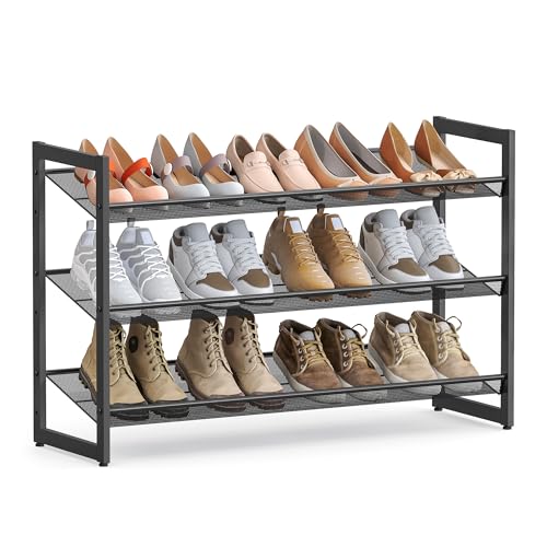SONGMICS Shoe Rack, 3-Tier Shoe Organizer, Metal Shoe Storage for Garage, Stackable Shoe Shelf, with Adjustable Flat or Angled Shelves, 9-12 Pairs, Ink Black ULMR03B - color: Ink Black, size: 3 Tiers (29.1''W)