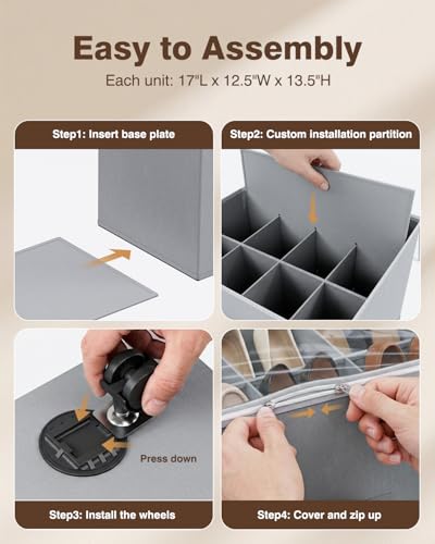 Shoe Organizer for Closet,House Again 2 Pack Shoe Storage Organizer with Wheels, Foldable Shoe Storage Box with Adjustable Dividers and Clear Cover, Reinforced Handles, Fits up to 12-24 Pairs, Gray - color: Light gray-2 Pack, size: Large( 17"L x 12.5"W x