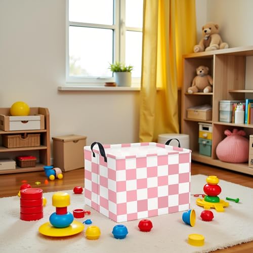HIYAGON Rectangular Baby Girl Basket Fabric Storage Basket Storage Bin Organizer Box Room Decor(Pink Checkered) - color: Pink Checkered