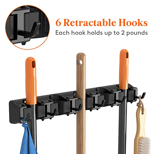 Lifewit Mop and Broom Holder Wall Mount, Anti-Slip Broom Hanger for Cleaning Supplies Organizer, Easy Install Tool Hanging Rack for Closet, Kitchen, Garage, 5 Slot 6 Hooks, Hold 30lbs, Black, 1 Pack - color: Black