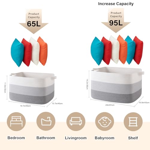 65L Cotton Rope Large Blanket Basket (19.7"x15.7"x11.8") for Living Room, Kids Room & Laundry, Storage Basket with Handle for Organizing Blankets, Pillows, Clothes & Toys, Gradient Grey - color: Gradient Grey, size: 19.7"x15.7"x11.8"