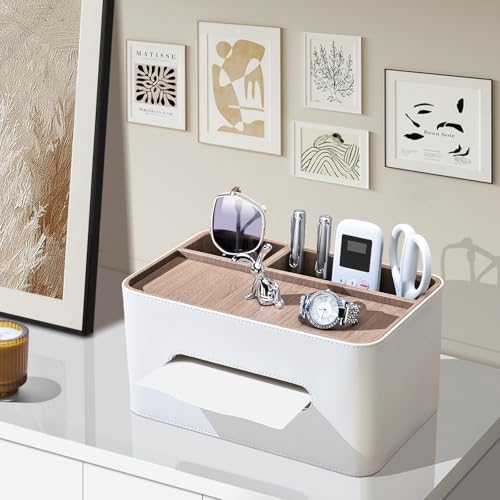 PU Leather Tissue Box Cover Rectangular with Storage Organizer, Multifunctional Remote Control Holder, Desk Organizer for Living Room, Bedroom, Office, Decorative Tissue Holder with Compartments Beige - color: Beige