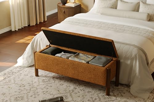 Modern Storage Benches with Walnut Wood Legs, 47'' Ottoman Bench with 20 Gallons Storage Space for Bedroom End of Bed, Fabric Upholstered Entryway Bench with Seating for Livingroom, Orange - color: Orange