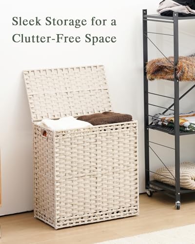 SETVSON Laundry Hamper with Lid Wicker Laundry Basket 112 L (29.6 Gal) Laundry Hampers Handwoven Rattan Clothes Hamper with Handles 3 Removable Liner Bag, 6 Mesh Bags for Bathroom Bedroom Light Khaki - color: Light Khaki, size: 29.6 Gal