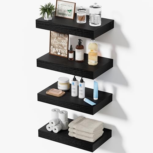 Floating Shelves for Wall, Bathroom Shelves Over Toilet, Wall Shelves & Book Shelf for Room, Hanging Shelf, Modern Wooden Wall-Mounted Small Floating Shelves, 12x7x1.5 in (Black, Set of 4) - color: Black, size: 12"(set of 4)