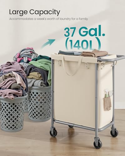 SONGMICS Laundry Basket with Wheels, 2-Section Rolling Laundry Hamper, 37 Gallons (140 L), Removable Liner, Steel Frame with Handle, 27.2 x 15.4 x 31.9 Inches, Cream White URLS004W01 - color: Cream White, size: 140 L (2-Section), style: Rectangular with h