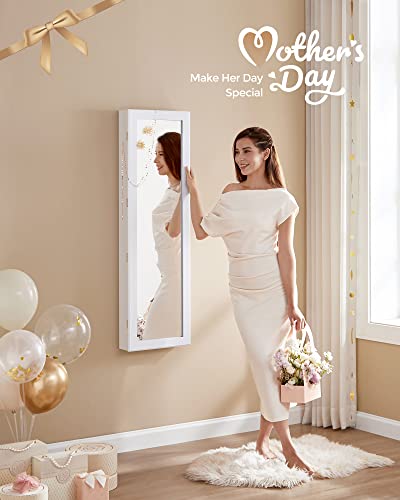 SONGMICS 6 LEDs Mirror Jewelry Cabinet, 47.2-Inch Tall Lockable Wall or Door Mounted Jewelry Armoire Organizer with Mirror, 2 Drawers, 3.9 x 14.6 x 47.2 Inches, White UJJC93W - color: White