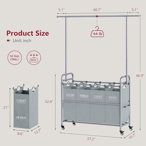 Tajsoon Laundry Sorter with Hanging Bar, 4 Section Rolling Laundry Hamper with Heavy Duty Lockable Wheels, Laundry Sorter Cart for Bathroom & Bedroom, Gray - color: Gray, size: 4 bag