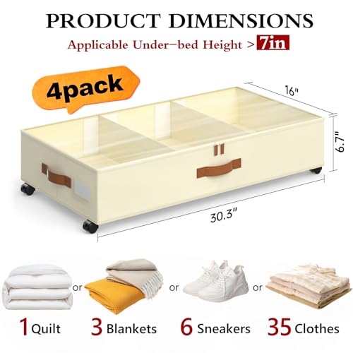 Yecaye Under Bed Storage with Wheels, 4 Pack Under Bed Storage Containers with Adjustable Dividers & Clear Window, Rolling Underbed Organizer Bins Drawers for Clothes, Shoes, Blankets, Beige - color: Beige, size: Large(4Pack)