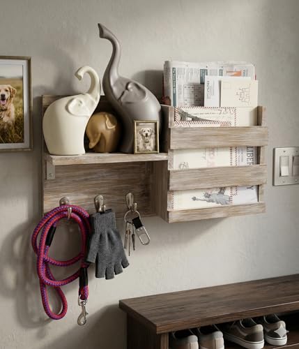Spiretro Rustic Wooden Wall-Mounted Key Hooks Holder & Mail Sorter | Farmhouse Decor | 3 Metal Hooks & Small Shelf | Natural Torched Wood | Easy Installation - color: Grey Organizer & Wood shelf