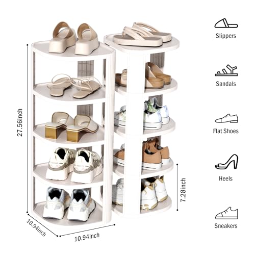 NestOrganix 10 Tier Vertical Shoe Rack, Stackable Narrow Shoe Rack Organizer for Entryway Closet Corner, Free Standing Shoe Rack Tower Shelf, Space Saving, Curved, Off White