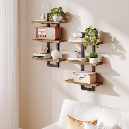 HOOBRO Floating Shelves, Set of 2 Wall Shelves, 3-Tier Wall Mounted Storage Shelves, Hanging Bathroom Shelves, for Living Room, Bedroom, Bathroom, Kitchen, Rustic Brown and Black BF31BJP201
