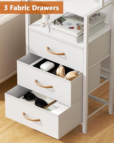 Furnulem Night Stand, White Bedside Nightstand with 4-Tier Shelves and 3 Fabric Drawers, LED Bed Side Tables with Charging Station, Tall Dresser for Bedroom, Hallway, Office - color: White, size: 3 Drawer