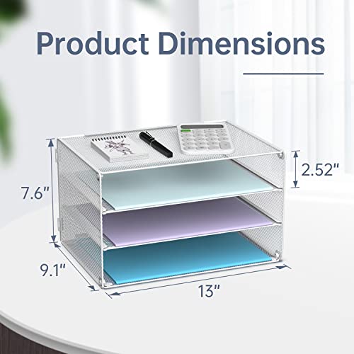 DALTACK 3 Tier Letter Tray Paper Organizer for Desk, Mesh Metal Desk File Organizer with Sliding Trays for Letter/A4 Paper, Mail, Bills & Folders, White - color: White