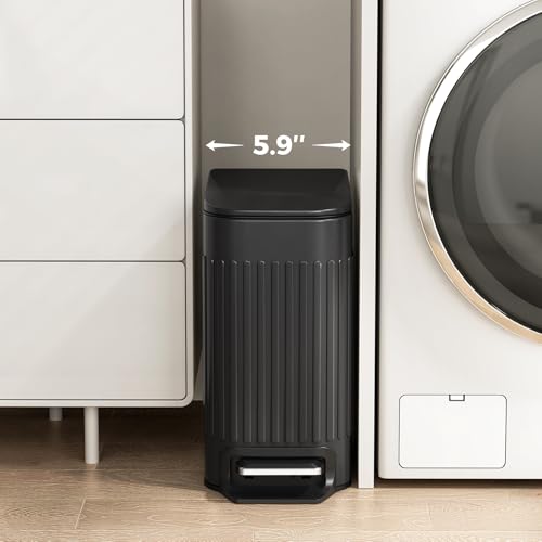 TrashAid Small Black Bathroom Trash Can with Lid Soft Close, 6 Liter / 1.6 Gallon, Stainless Steel Garbage Can with Removable Inner Bucket, Step Pedal, Slim Wastebasket for Toilet, Office, Bedroom - color: Black