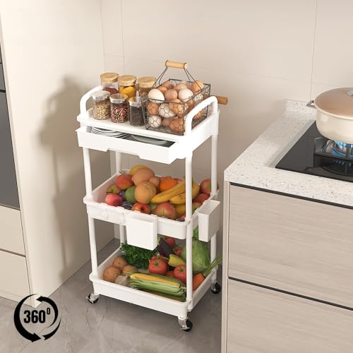 3 Tier Rolling Utility Cart with Drawer, Plastic Storage Organizer Rolling Carts with Wheels Handles Hanging Cups Hooks for Office, Bathroom, Kitchen,Craft Art Room (White) - color: White, size: 3-Tier
