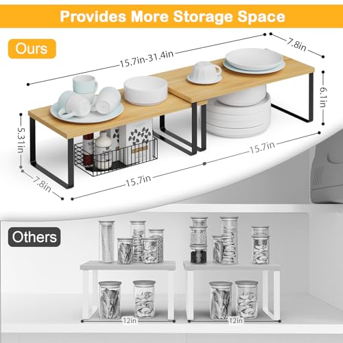 OGEMXU Cabinet Shelf Organizers, 15.7 inches Large Kitchen Counter Shelf, Set of 2 Wood Kitchen Pantry Organizer, Storage Shelves for Countertop, Spice Rack, Stackable, Expandable, Metal Black, Nature - color: Black and Natural Beige, size: 2pcs 7.8" D x