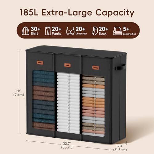185L Laundry Hamper 3 Section, Laundry Hamper with Lid, Dirty Clothes Hamper with 3 Removable Washing Bags, Extra Large Laundry Basket Organizer for Bedroom, Laundry Room, Dorm - Black - color: Black, size: 185L - 3 Section