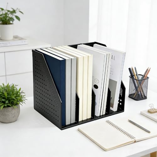 SAYEEC Collapsible Magazine Holder Plastic Desktop 4 Compartment File Rack Magazine Organizer Vertical File Divider Sorter Storage Document Organizer for Office Home School Black - color: Black (4 Compartments)