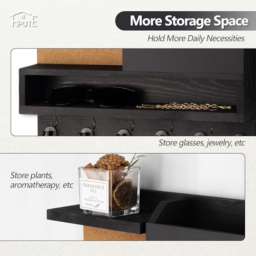 Key Holder for Wall Mount with Mail Organizer, Farmhouse Key Holder for Wall with Shelf, Chalkboard&Corkboard, Entryway Organizer 11 Metal Hooks, Decorative Natural Pine Wood, 14.6*11.1*3.3”, A-Black - color: Black-A