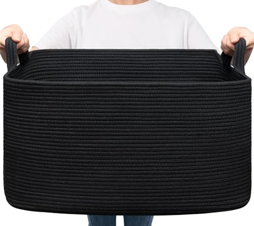 Goodpick Large Blanket Basket Living Room, 21.6" x 14.9" x 11.8" Woven Storage Basket for Blankets, Toys, Rectangle Rope Dirty Clothes Baskets for Nursery, Bedroom, Black - color: Black, size: Large(21.6"L x 14.9"W x 11.8"H)