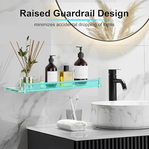 20 Inches Glass Shelves for Bathroom, Brushed Nickel Floating Glass Shelf Stainless Steel Tempered Glass Bathroom Shelves for Wall Mount Modern - color: Brushed Nickel, size: 20"with railing