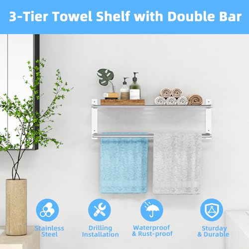 Towel Racks for Bathroom 24 Inch, 2 Tier Towel Shelf with Double Towel Bar, Stainless Steel Bath Towel Rack Wall Mounted, Towel Holder Towel Storage Rack for Bathroom, Brushed Nickel - color: Brushed Nickel, size: 2-Tier