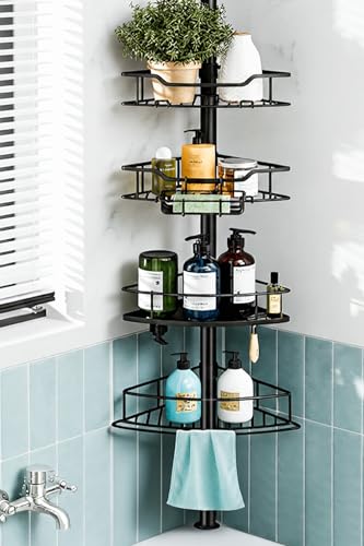 Corner Shower Caddy Tension Pole, 4 Tier Rustproof Shower Tension Rod Organizer, Adjustable 25-125 Inch Bathroom Shower Organizer Shelves for Bathtub Shampoo Storage, Black - color: Black