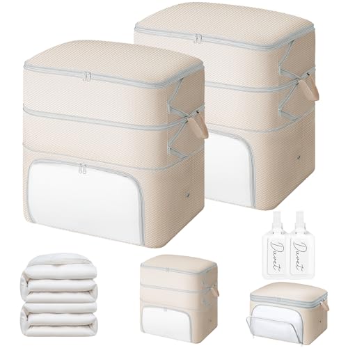 Comforter Storage Bag - 130L Blanket Storage Bags Front-opening Ultra Space Saving Self Compression Organizer, Washable Compression Bags for Storage Comforter Blanket, 2 Pack, Beige - color: Beige, size: 2 Pack - 3-Layer