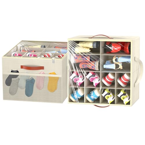 Aokeyee 2 Pack Shoe Organizer for Closet, Foldable Shoe Storage Organizer Box w/Clear Cover and Reinforced Handles, Space Saving Shoes Bin Fits up to 32 Pairs, Beige - color: Beige, size: Fits up to 32 Pairs