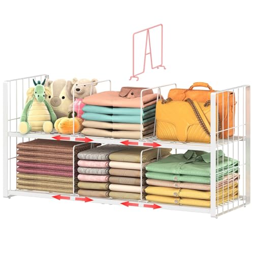 Hongtamoya Stackable Closet Storage Shelf, Adjustable Divider Clothes Shelves Organizer for Jeans Pant Shirt Sweater Bag Purse Shoe, Clothing Shelving Rack for Bedroom RV Wardrobe Closet System-White