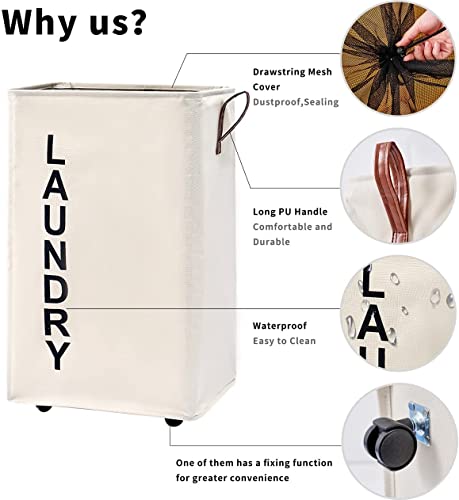 92L Large Laundry Hamper with Leather Handle,Standable Laundry Basket with Wheels ,Large Hamper,Rolling Laundry Basket White - color: Beige/XXL, size: Super Large 27.5"
