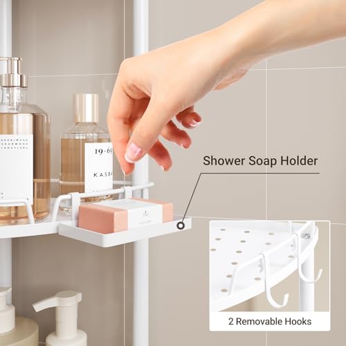 ELYKEN Corner Shower Caddy Standing, 3 Tier Rustproof Metal Shower Organizer with Soap Holder, Floor Shower Corner Shelf Rack Storage Stands with Adjustable Feet & 2 Hooks for Bathroom, White - color: White, size: 3 Tier