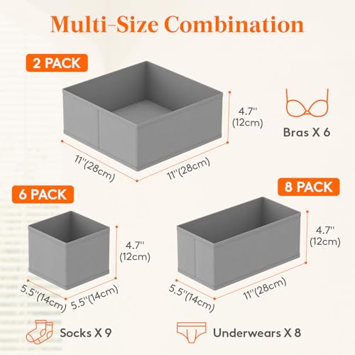 Lifewit Drawer Organizer Clothes for Closet 16 Pack, 3 Sizes Underwear Wardrobe Drawer Dividers, Fabric Foldable Dresser Storage Organizer Bins for Sock, Bra, Lingerie, Undies, Grey - color: Light Gray