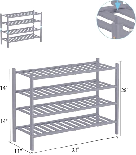 RONGJlA 4 Tier Bamboo Shoe Rack for Closet Free Standing Wood Shoe Shelf Storage Organizer for Entryway Small Space Stackable, Gray - color: Grey, size: 4-Tier-Regular