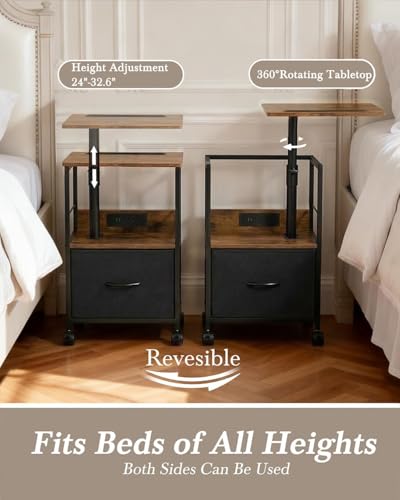 Faesun Swivel Lift Top Nightstand with Charging Station, Rolling Side Table for Recliner, Bedside Table with Wheels & a Fabric Drawer, for Small Spaces, for Bedroom, Living Room, Brown Black - color: Brown Black, size: 1 Drawer